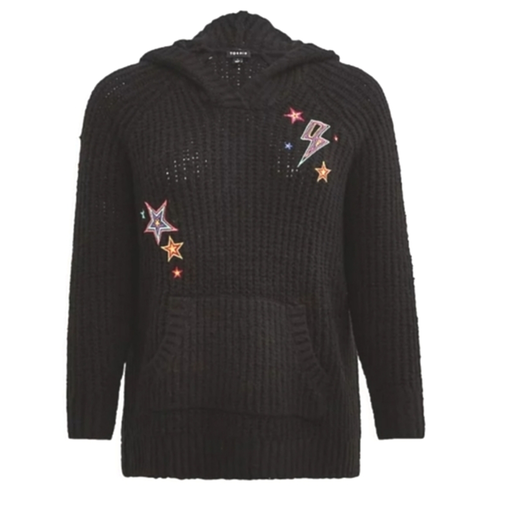 Torrid Raglan Hoodie Pullover Black Embroidered Stars Bolt Size 0 Large 12 NWT